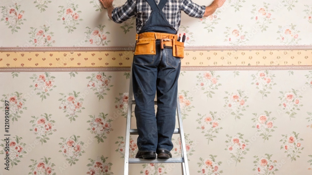 Aufkleber a medium closeup featuring a worker standing on a ladder cautiously positioning a strip of patterned