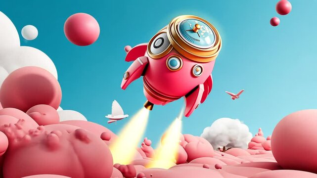 A whimsical pink rocket launches amidst soft clouds and floating spheres.