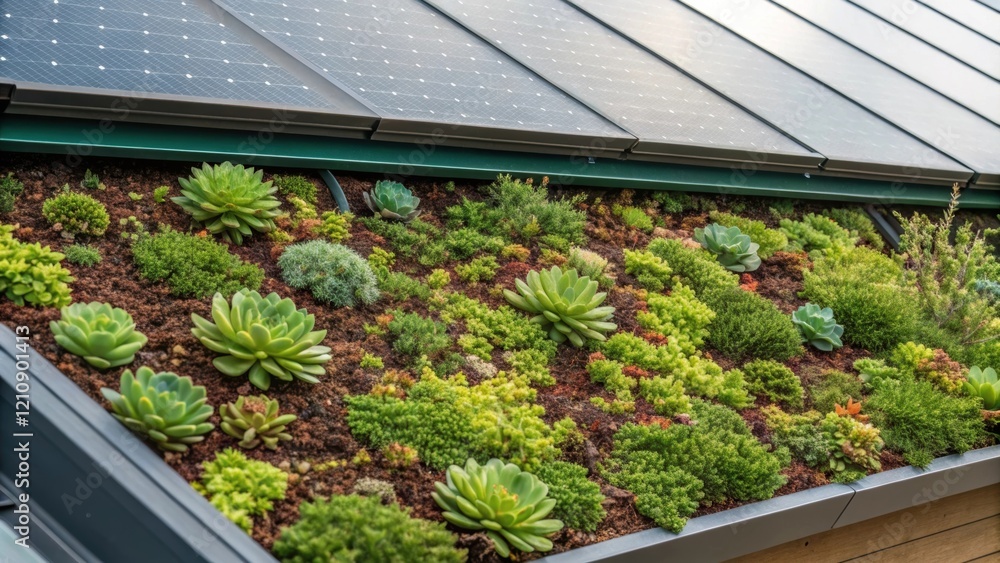 Poster A medium closeup highlighting a section of the green roof featuring an array of succulents and flowering plants thriving in a soil mix with a partial view of solar panels peeking