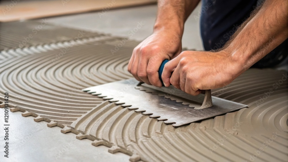 Poster A medium closeup highlighting a workers hands using a notched trowel to spread adhesive evenly on a cement subfloor the texture of the adhesive and the tools intricate design