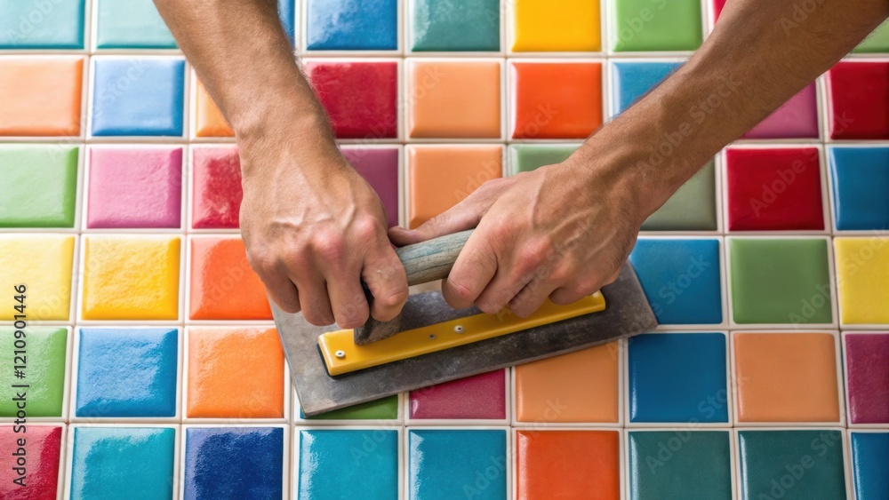 Poster a medium closeup image capturing a persons hands using a float tool to evenly spread grout into the 