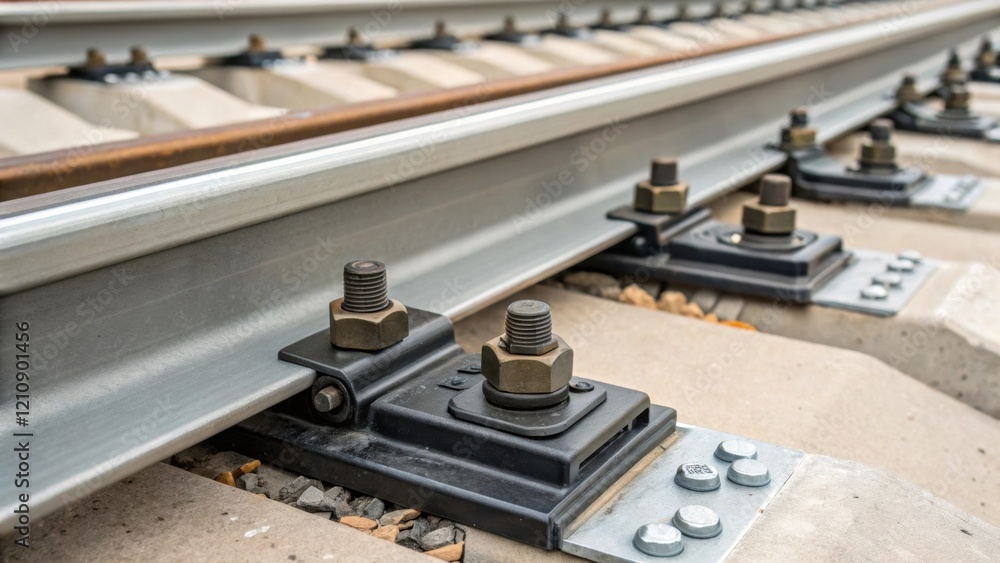Poster A medium closeup image capturing the intricate details of a rail fastening system being installed with bolts and clips clearly visible ensuring tracks are securely held in place.