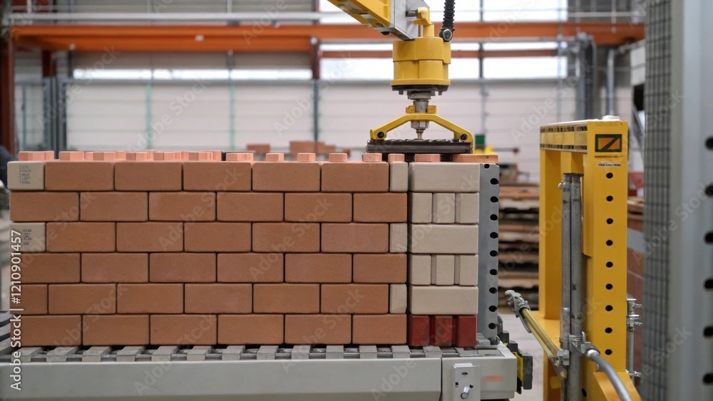 Poster A medium closeup image highlighting the robotic system in action as it efficiently stacks bricks layer by layer on a wall structure with halffinished sections illustrating the