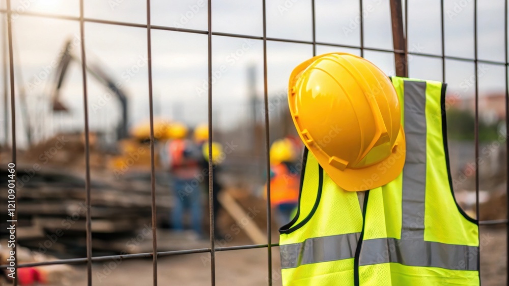 Poster A medium closeup image focusing on safety equipment a hard hat and reflective vest hanging on a nearby fence with a blurred background of workers actively sorting through