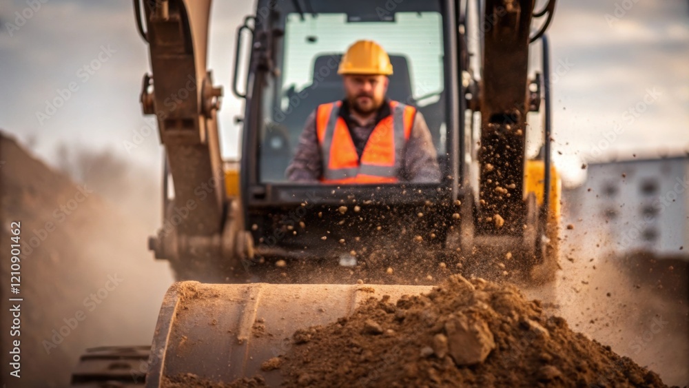 Poster a medium closeup image focusing on a construction worker operating a large excavator dirt being flun