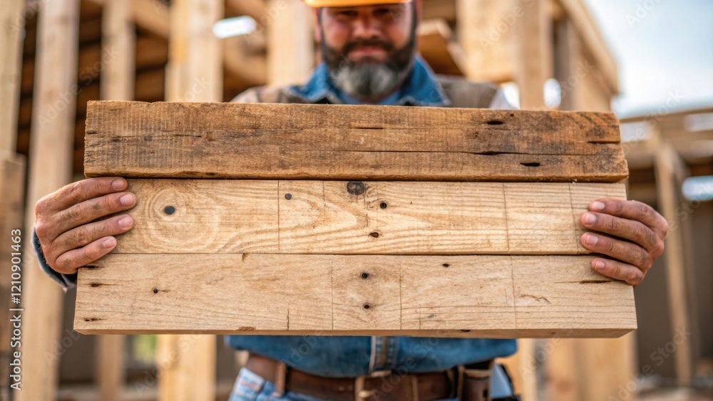 Poster A medium closeup image of a construction worker handling a piece of reclaimed wood with the grain patterns and nail holes visible emphasizing the character and uniqueness of the