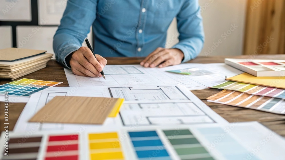 Aufkleber A medium closeup image of a designer consulting over blueprints spread across a table with samples of sustainable materials and color swatches p nearby illustrating the redesign