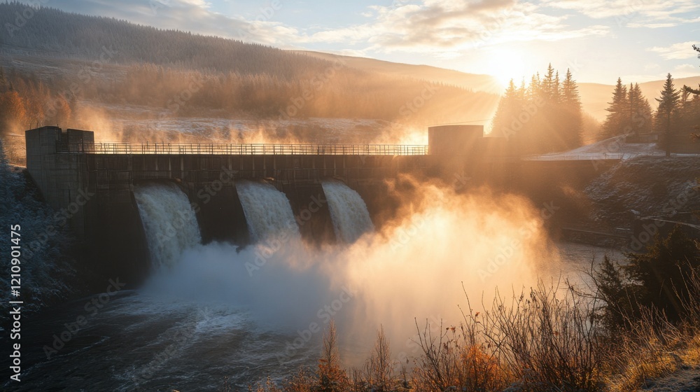 Poster sunrise over a tranquil dam scene with cascading water and mist creating a serene atmosphere among t