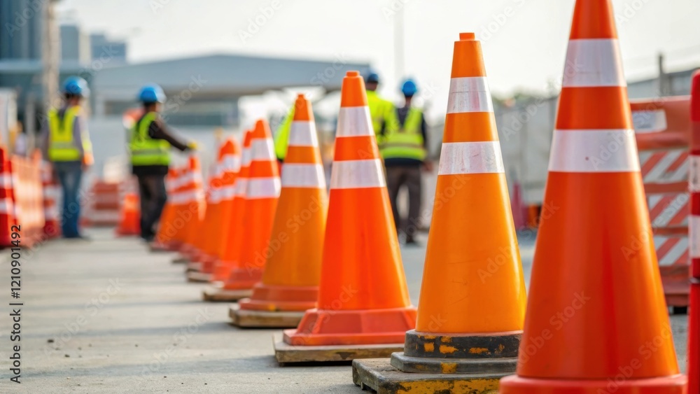 Poster a medium closeup image of vibrant safety cones arranged around the construction site with workers in