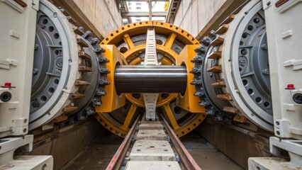 Obraz premium A medium closeup image capturing the mechanical articulation of the tunnel boring machines support arms demonstrating how the powerful machinery stabilizes itself against the