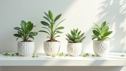 Obraz premium Elegant white ceramic pots adorned with intricate carvings, each cradling diverse plants, rest on a pristine shelf. A lush Zamioculcas graces the left