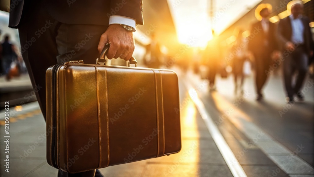 Poster a medium closeup of a briefcase in motion a mans hand gripping it tightly as he weaves through a thr