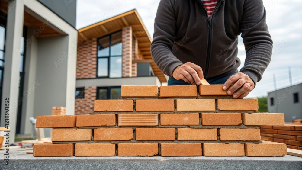 Poster a medium closeup of a bricklayer meticulously arranging bricks for a facade highlighting the blend o