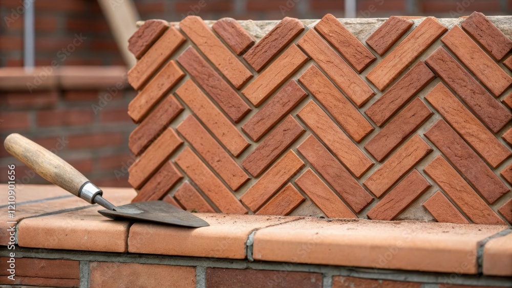 Aufkleber A medium closeup of a brick wall in progress highlighting intricate herringbone patterns created by the arrangement of the reddishbrown bricks with the trowel resting on a nearby