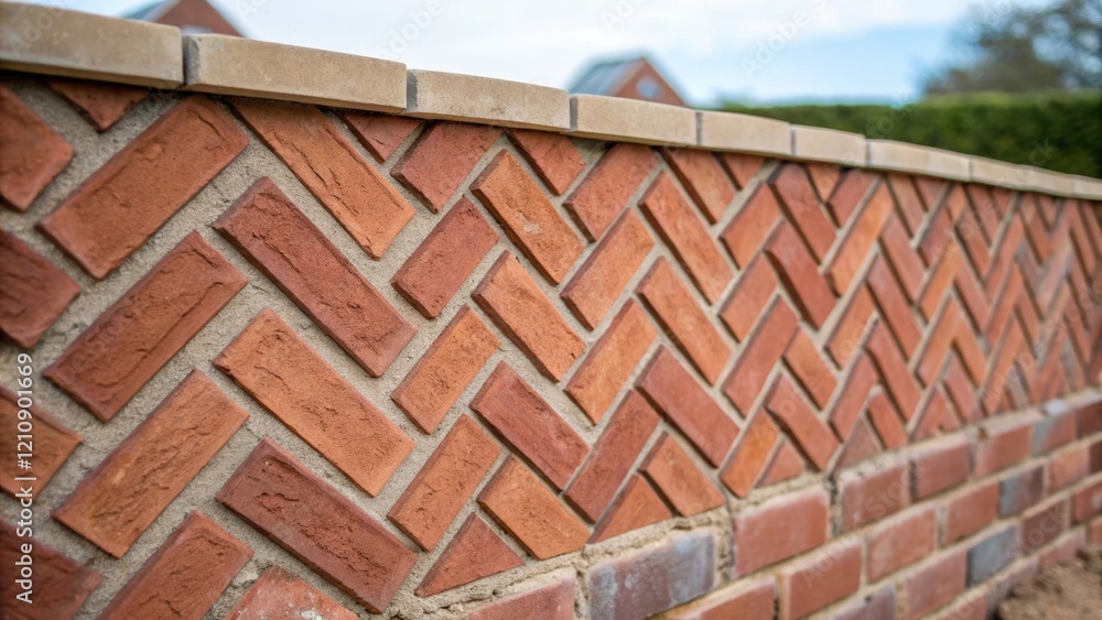 Aufkleber A medium closeup of a brick wall in progress displaying a beautiful herringbone pattern with a focus on the alignment of the bricks and the glistening mortar between them.