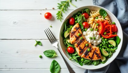 Healthy meal bowl features grilled chicken breast atop vibrant salad. Fresh vegetables like peas, cherry tomatoes, bell peppers mixed with leafy greens. Dollop of cottage cheese adds protein,