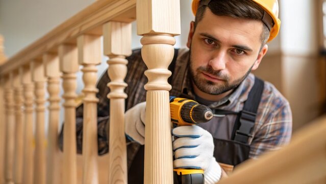 A medium closeup of a carpenter fastening a baluster to a handrail their concentrated face reflecting a commitment to precision as they work with a power drill.