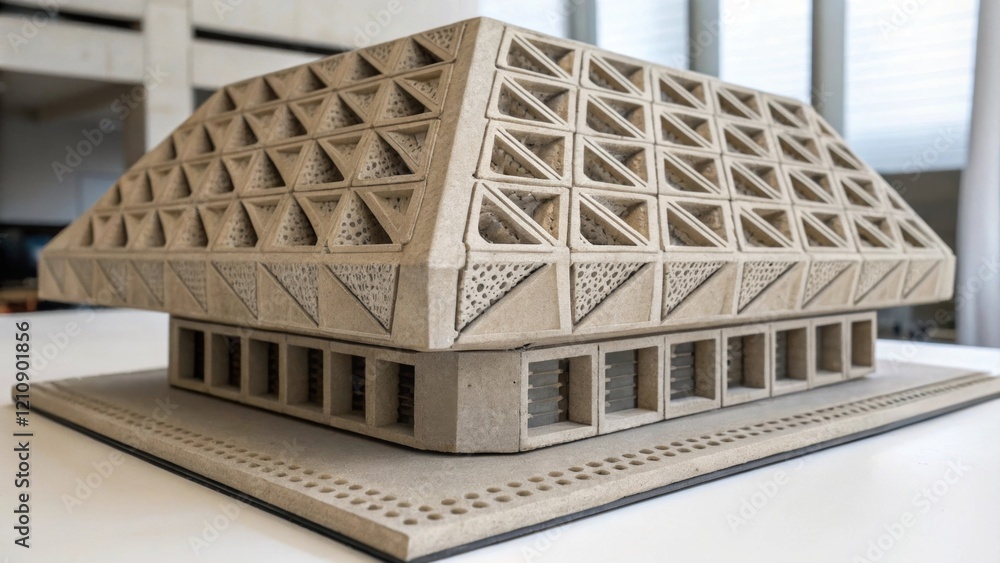Aufkleber A medium closeup of a completed smallscale model structure printed in concrete featuring an eclectic design with complex geometries illustrating innovation in architecture and