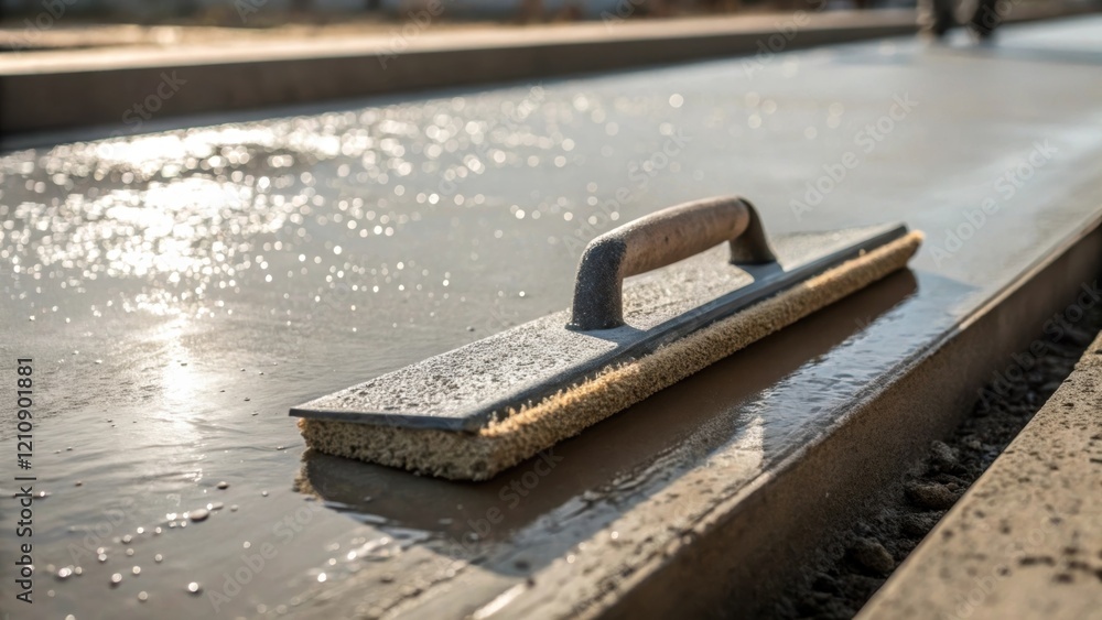 Poster a medium closeup of a concrete finishing tool featuring a textured blade resting on a partially cure