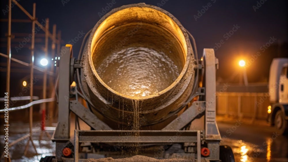 Poster a medium closeup of a concrete mixer with its drum illuminated revealing textures of wet cement and 