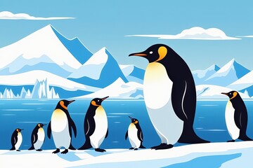 Obraz premium Colorful Illustration of a Family of Emperor Penguins Walking on Ice in a Beautiful Glacier Landscape Under Bright Blue Sky