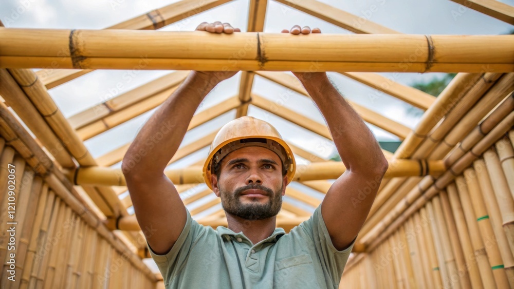 Poster a medium closeup of a construction worker fitting bamboo panels into a structure highlighting the st