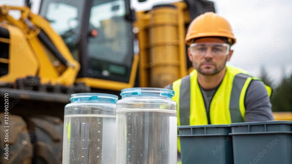 Poster a medium closeup of a construction worker carefully monitoring a rainwater harvesting system with cl