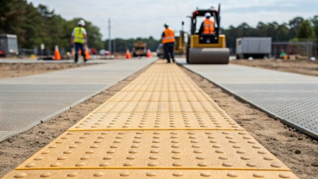 A medium closeup of a construction sites textured paths designed for ease of navigation with workers in the background operating equipment illustrating an inclusive environment.