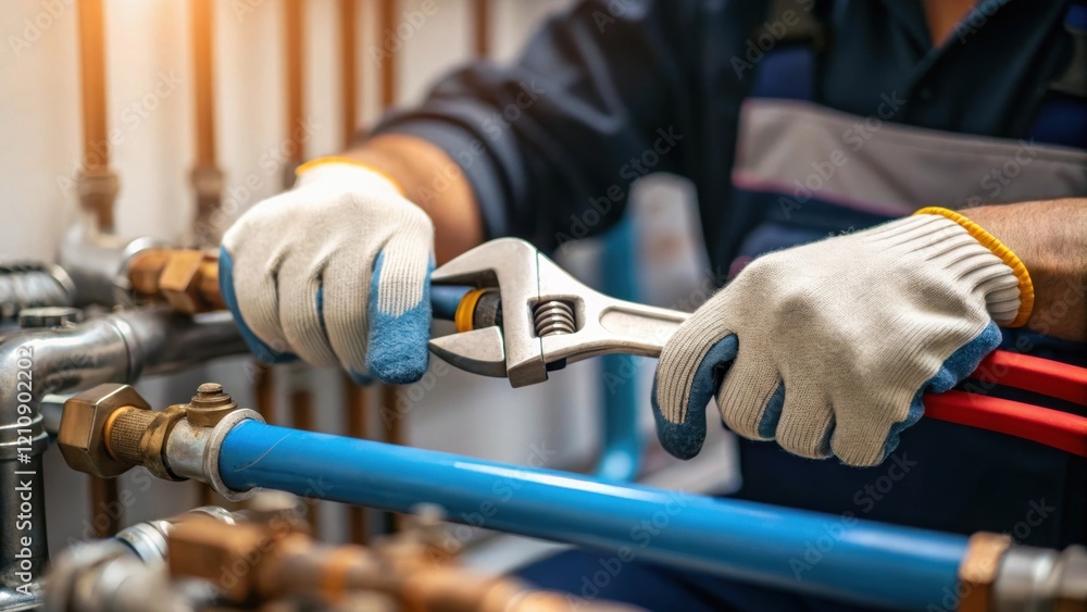 Poster a medium closeup of a crew member wearing gloves as they secure piping with a wrench the focus on th