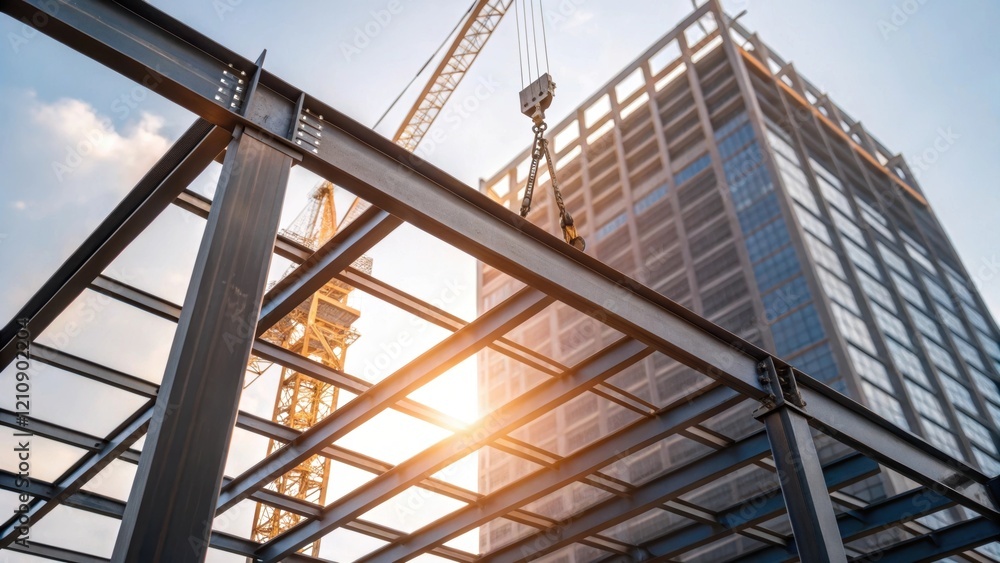 Poster a medium closeup of a crane lifting steel beams against the backdrop of a partially constructed skys