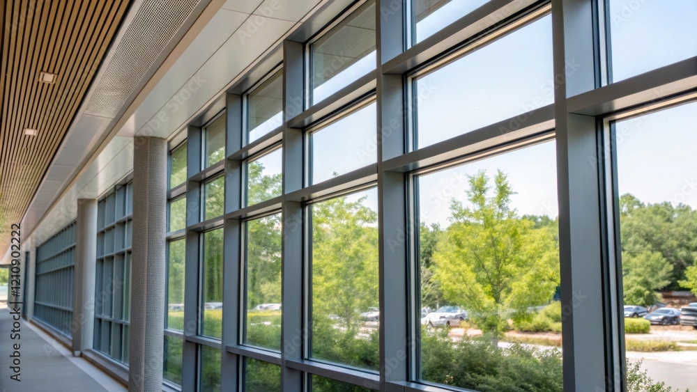 Poster a medium closeup of a detailed section of a building that features large windows for natural light h