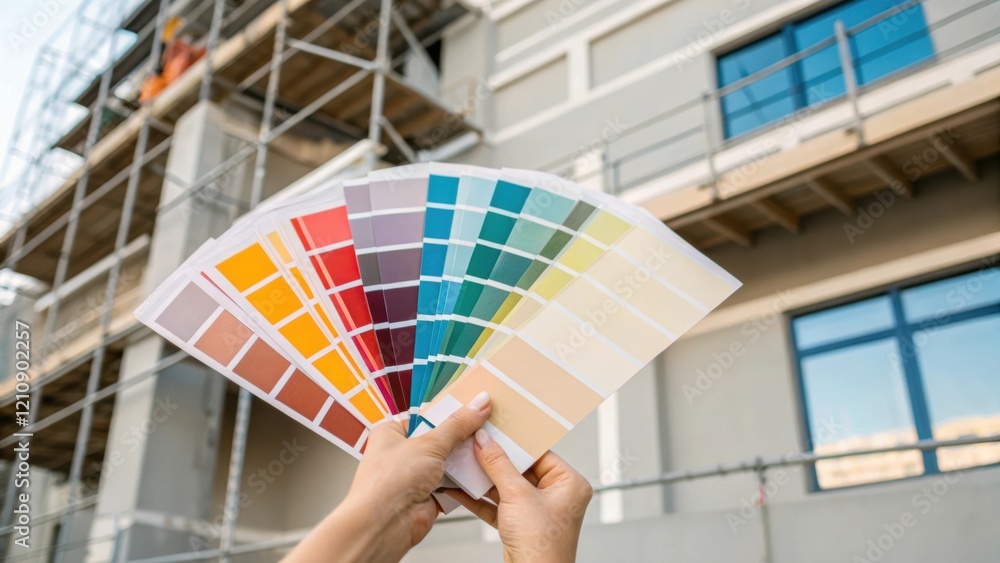 Aufkleber A medium closeup of a designer selecting color swatches that harmonize with the modern style of the building set against a backdrop of unfinished walls and scaffolding.