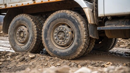 Obraz premium A medium closeup of a delivery trucks wheels showcasing the tread and mud caked on them hinting at the rugged terrain navigated to reach the construction site.