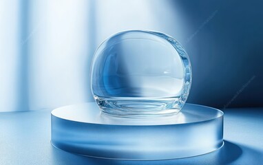 Minimalist glass display with blue background and soft lighting for modern product showcase