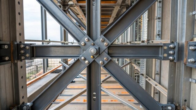 A medium closeup of a crossbracing system within the walls of a skyscraper showcasing the diagonal supports that provide stability and rigidity against lateral wind forces.