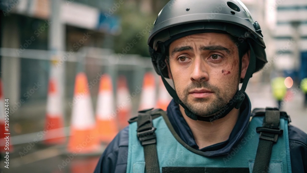 Poster a medium closeup of a first aid responders face showing determination and focus as they assess a min