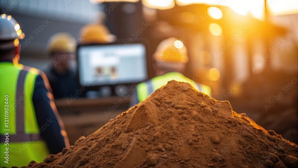 Poster A medium closeup of a freshly driven pile its surface marred with impact scars illuminated by golden light as construction workers in the background monitor the progress with keen