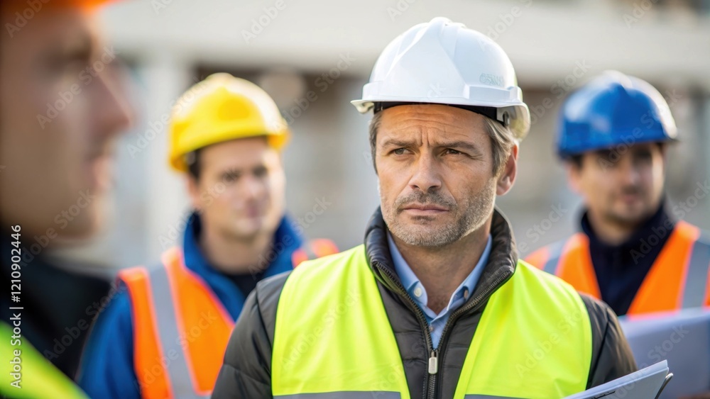 Poster a medium closeup of a foreman reviewing safety gear with a focus on his serious expression surroundi