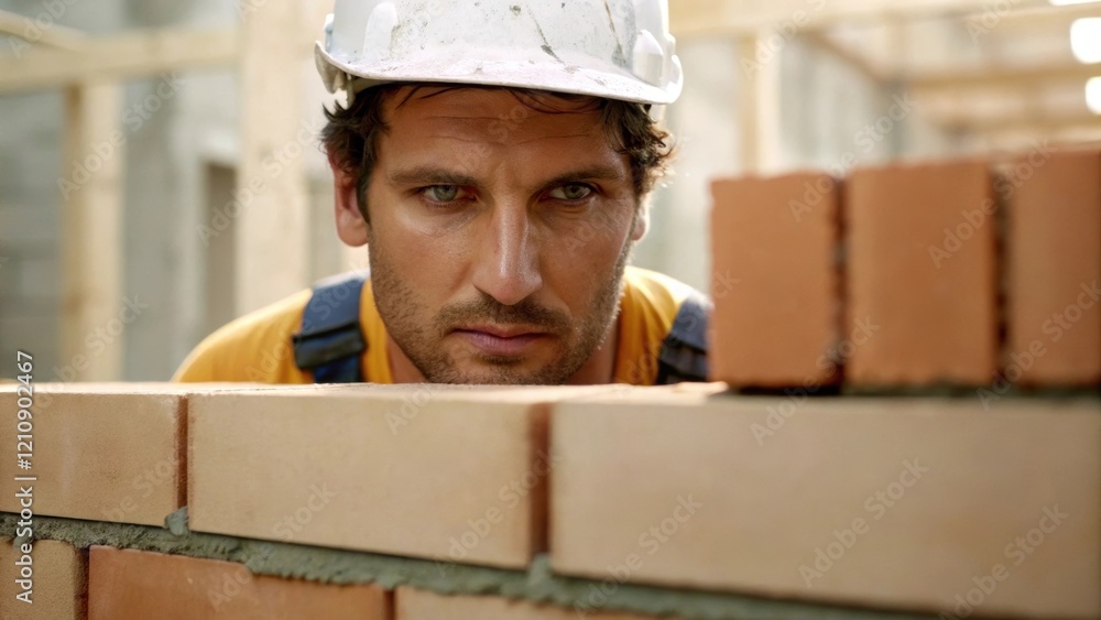 Poster A medium closeup of a focused bricklayers face sweat glistening on the brow showing concentration as he levels a brick with partially constructed walls in soft focus behind him.