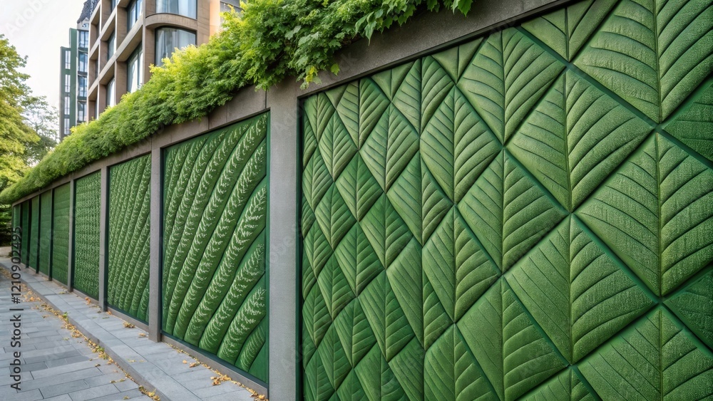 Poster a medium closeup of a green wall adorned with quilted leaflike panels demonstrating sustainable arch
