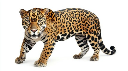 Fototapeta premium Majestic jaguar walking with intense gaze on white background