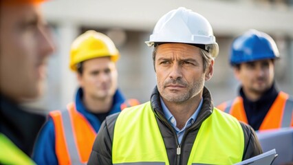 A medium closeup of a foreman reviewing safety gear with a focus on his serious expression surrounding by workers donning helmets and reflective vests showcasing a strong safety