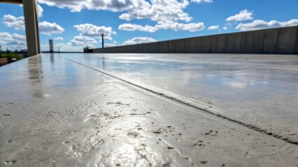 A medium closeup of a freshly finished concrete surface reflecting the blue sky above with slight imperfections and tool marks visible telling the story of the finishing process.