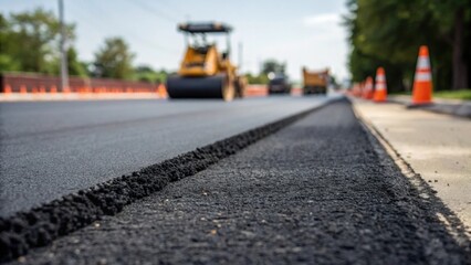 A medium closeup of a freshly laid asphalt road surface with smooth black layers contrasted against construction machinery and safety cones in the blurred background.