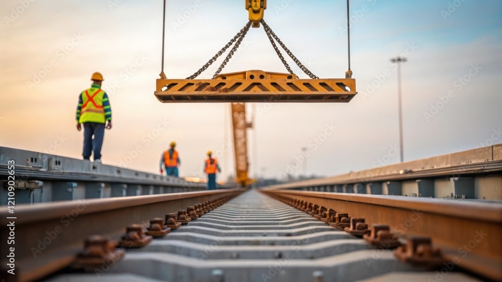 Aufkleber A medium closeup of a heavy crane lifting a rail segment high into the air with construction workers below coordinating the maneuver highlighting the scale and complexity of