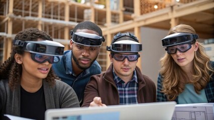 A medium closeup of a group of trainees wearing mixedreality glasses gathered around a simulated construction scenario. Their captivated expressions and body language indicate