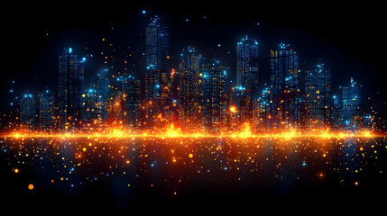 Fototapeta premium Vibrant Cityscape at Night with Glowing Lights and Fiery Reflections