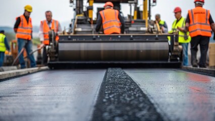 Fototapeta premium A medium closeup of a group of workers wearing bright safety vests focused intently on maneuvering a large paving machine the glistening asphalt pouring out in a slick stream.
