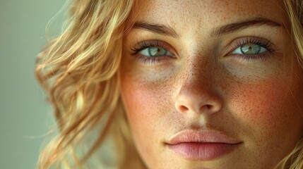 Fototapeta premium Close-up of a woman's face with green eyes showing rosacea skin condition and calm expression