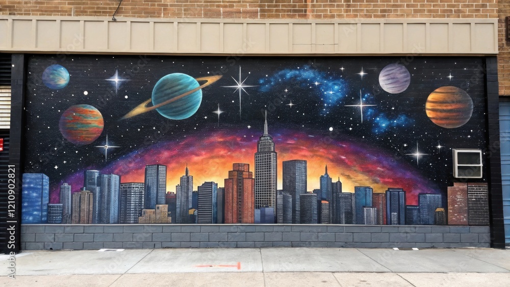 Poster a medium closeup of a mural depicting a city skyline transformed into a cosmic landscape with stars 